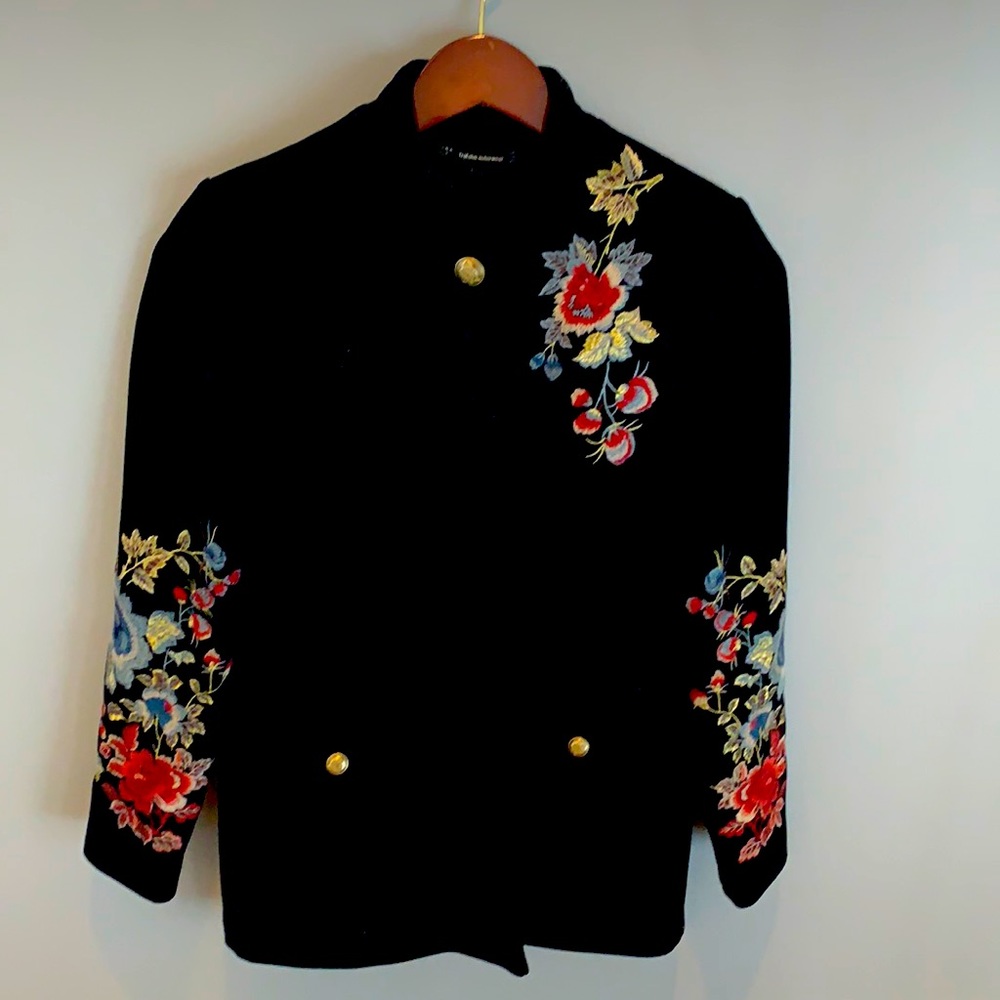 Zara floral embroidered pea coat